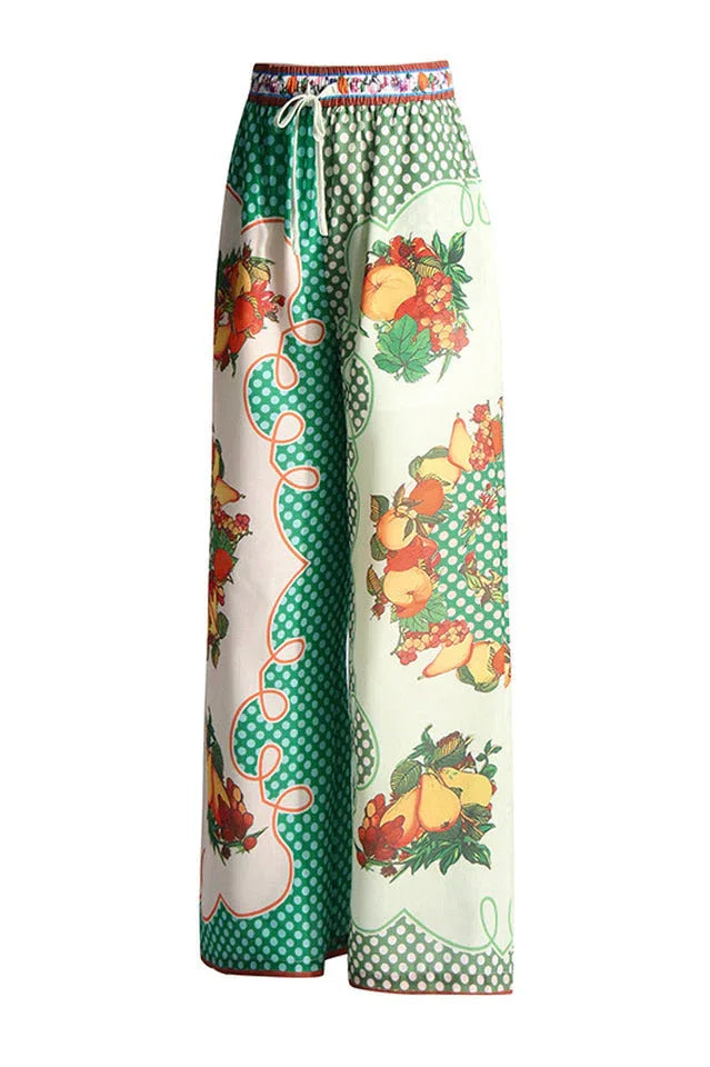 Fruit print satin shirt and wide leg pants set - View 6 | TEVQA