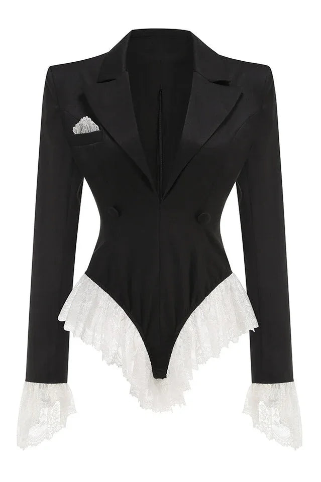 V Neck Lace Embellished Blazer - TEVQA