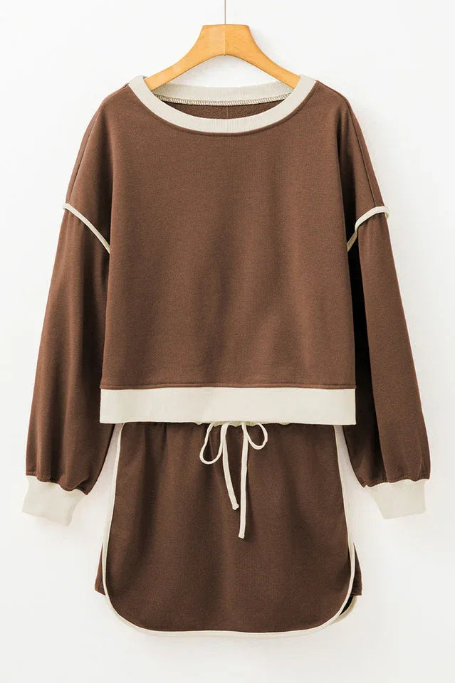 Forest green contrast trim pullover and skort set - View 13 | TEVQA