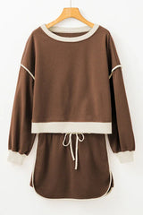 Forest green contrast trim pullover and skort set - View 13 | TEVQA