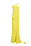 A yellow one-shoulder ruffled gown displayed on a mannequin, emphasizing its draped silhouette and flowing fabric.