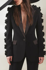 Embellished black crepe blazer with satin lapels - View 6 | TEVQA