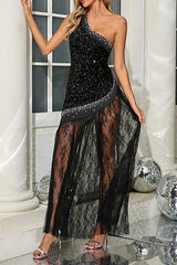 One Shoulder Shiny Sequin Lace Dress - TEVQA