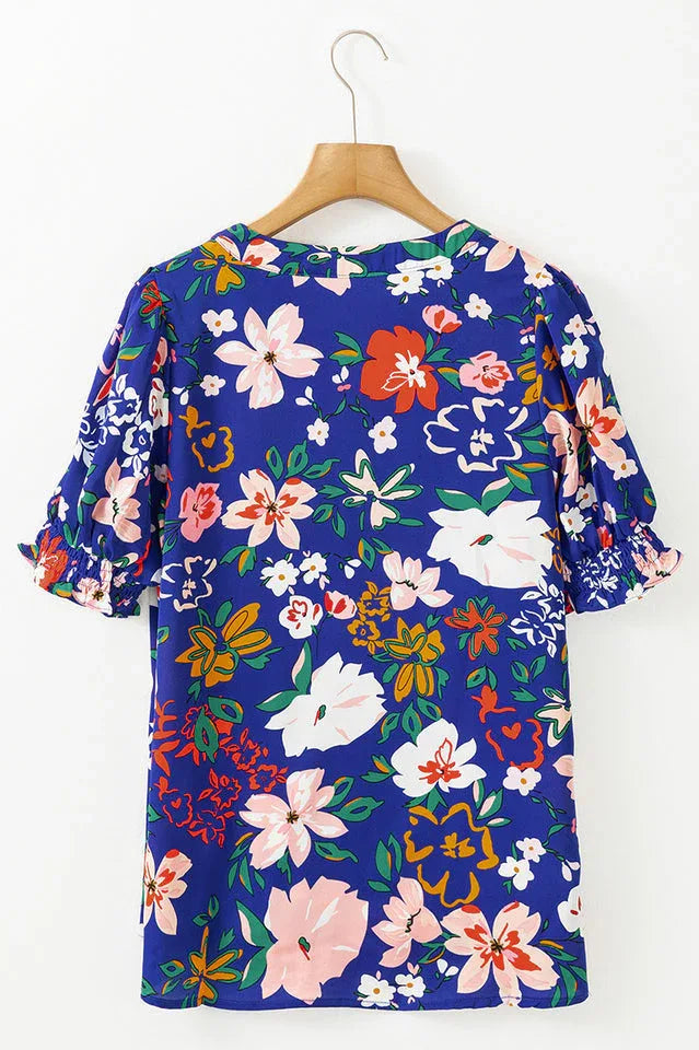 Vibrant Floral Print Puff Sleeve Chiffon Blouse - TEVQA