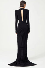 Embellished V-Neck Draped Gown - View 7 | TEVQA