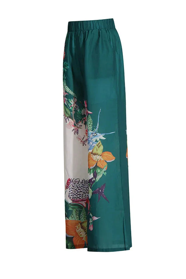 Green floral shirt and wide leg pant set - View 6 | TEVQA