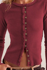 Vintage Rouge Ribbed Button-Front Long Sleeve Top - TEVQA