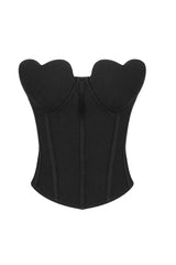Black structured corset top with a scalloped sweetheart neckline, front view