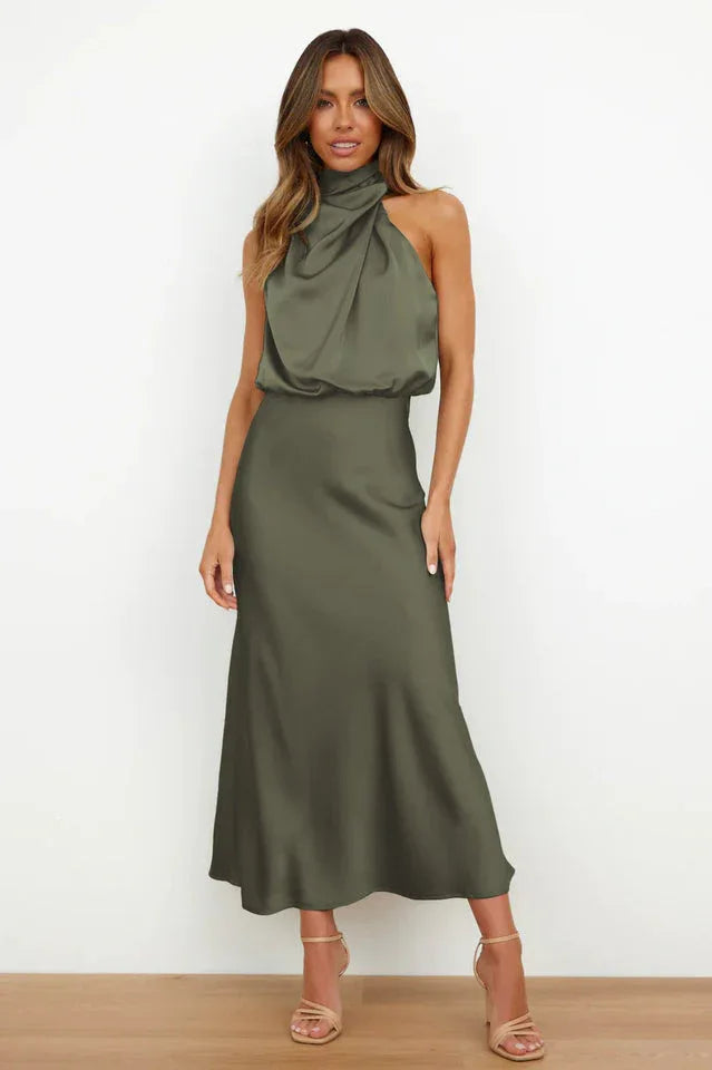 Satin Halter Neck Midi Dress - View 46 | TEVQA