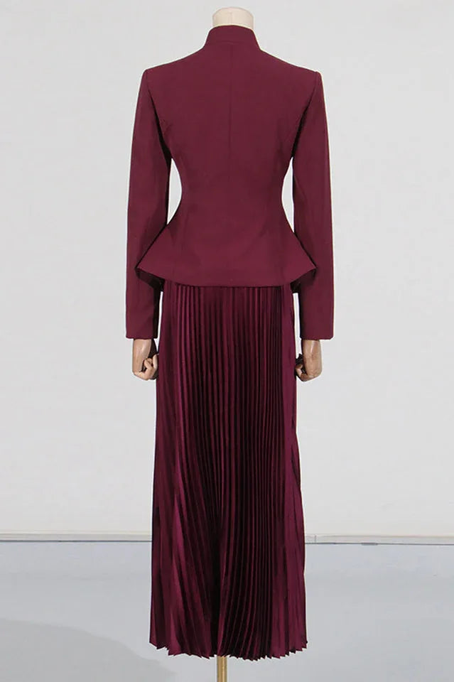 Mandarin Collar Peplum Jacket and Pleated Skirt Set - View 8 | TEVQA