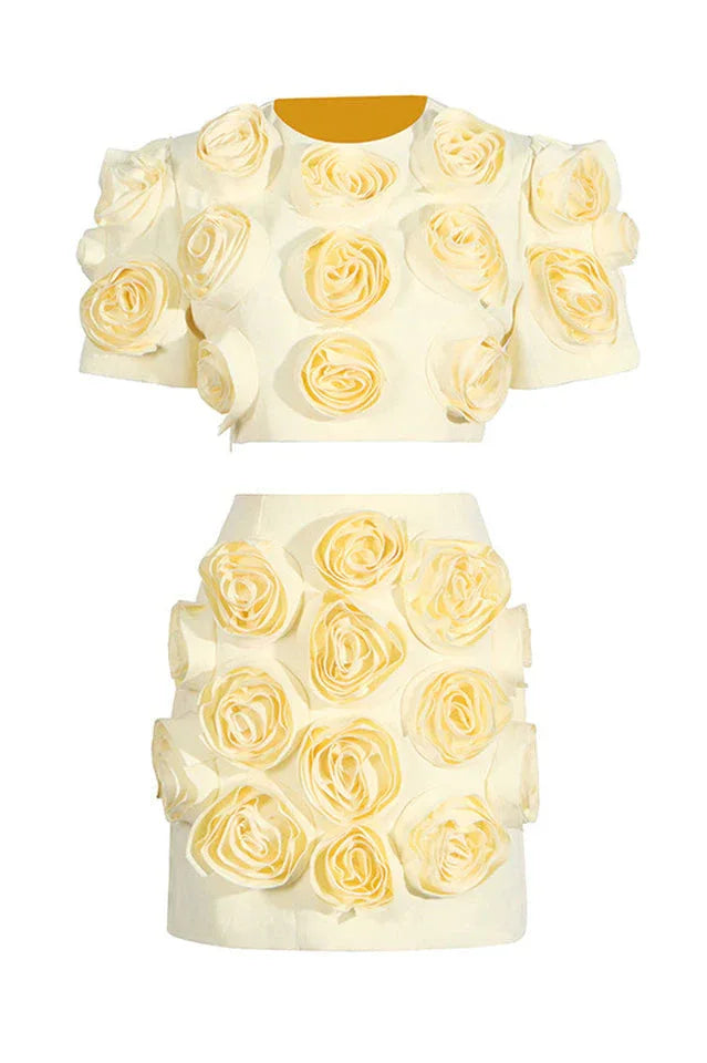 Flat lay of a yellow cropped top and mini skirt with 3D floral embellishments