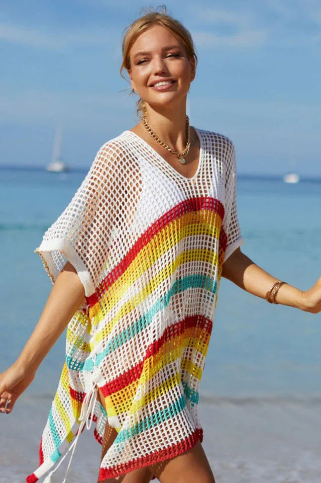 Rainbow Stripe Openwork Slit Cover Up - View 8 | TEVQA