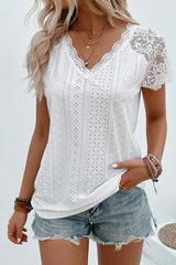 White Floral Lace & Eyelet Embroidery V-Neck Blouse - TEVQA