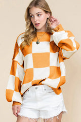 Women’s Pink Checkerboard Oversized Knit Sweater - TEVQA