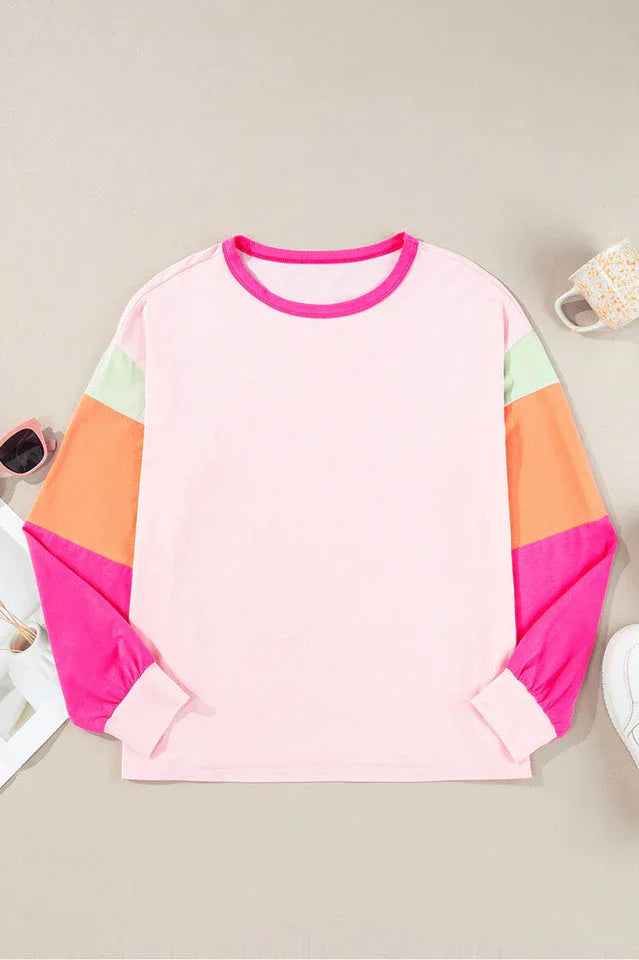 Playful Color Block Long Sleeve Top - TEVQA