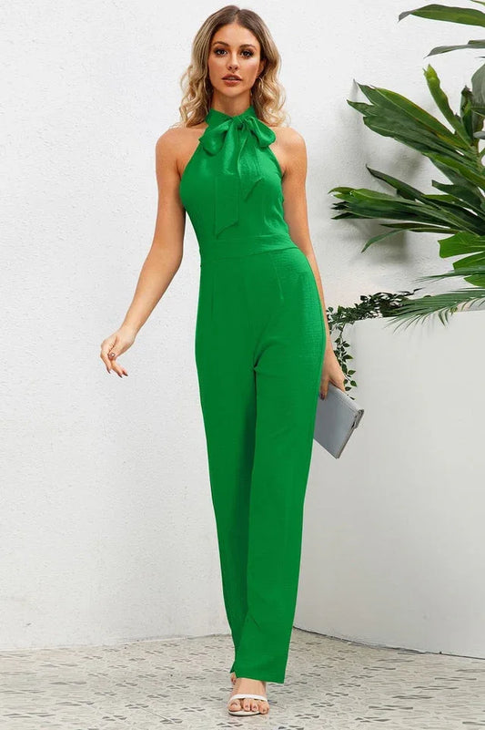 Sleek Bowknot Halter Neck Jumpsuit - TEVQA