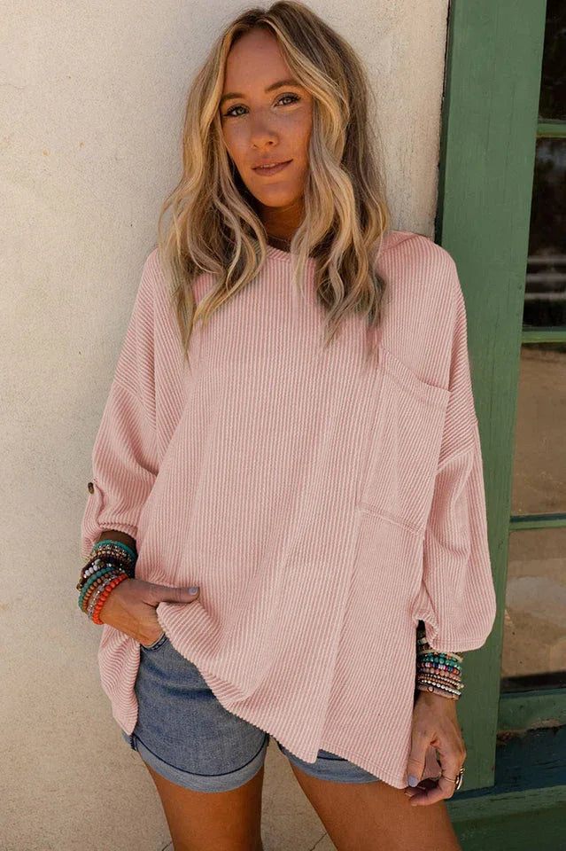 Sage Green Ribbed Knit Oversized Tunic Top - View 10 | TEVQA