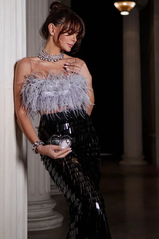 Aleyna Feather Top + Sequin Skirt Set - TEVQA