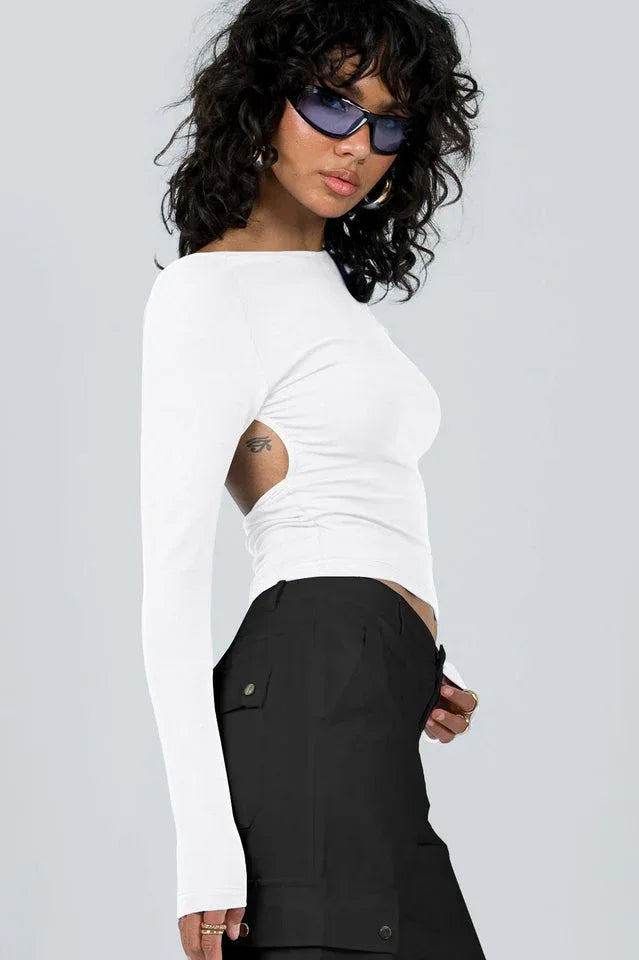 Ribbed knit long sleeve top with open back - View 7 | TEVQA