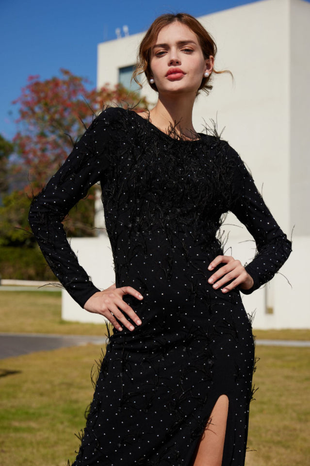 Rhinestone Faux Feather Trim Split Maxi Dress | Dress In Beauty
