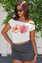 Twist Off Shoulder Graphic Top - TEVQA