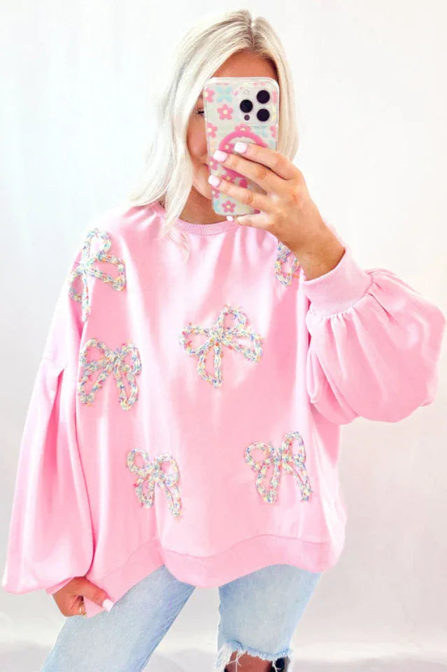 Coquette Pink Bow Applique Sweatshirt - TEVQA