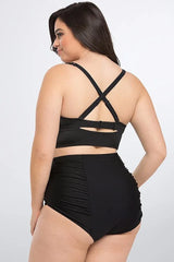 Back view of a plus-size model in a black high-waisted bikini