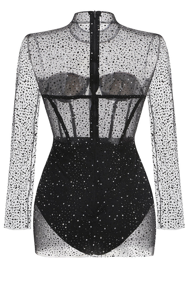 Adele Black Mesh Diamond Mini Dress | Dress In Beauty