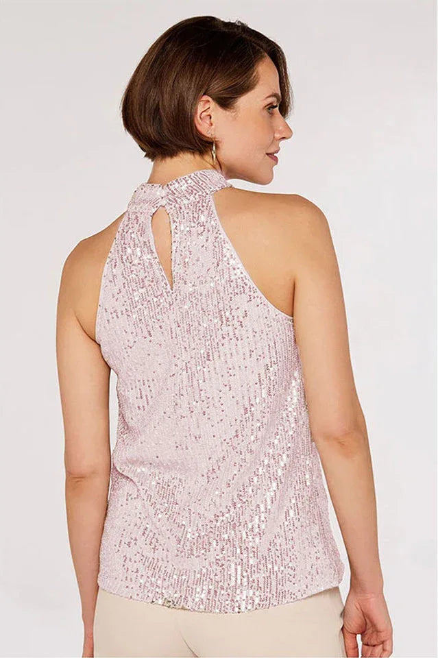 Apricot Champagne Sequin Halter Neck Top | Elegant High Neck Sleeveless Blouse - TEVQA
