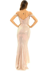 Back view of a woman in a pink sequined formal gown.