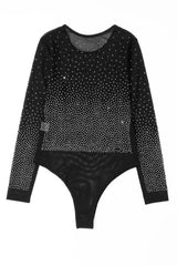 Product shot of a black rhinestone mesh bodysuit