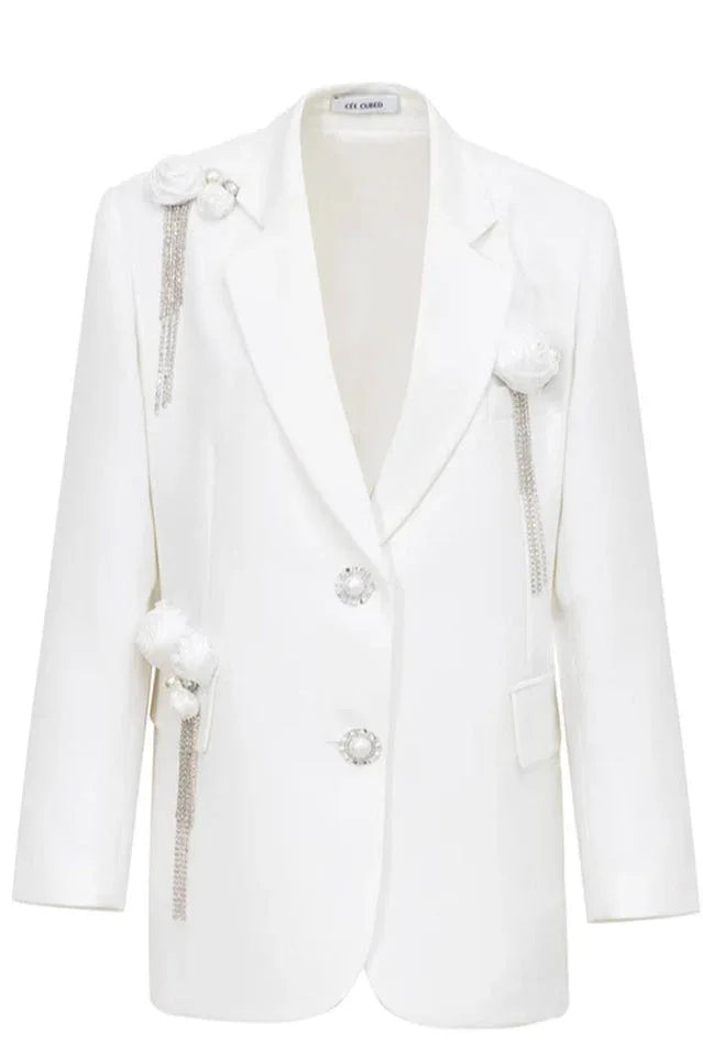 White floral appliqué double-breasted blazer - View 6 | TEVQA