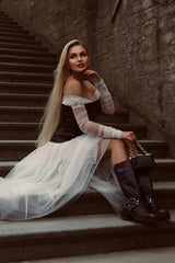 White mesh patchwork ballgown formal dress with off-the-shoulder neckline and long sheer sleeves - View 8 | TEVQA