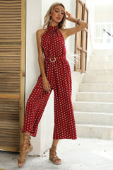 Polka Dots Print Funnel Neck Belted Jumpsuit | Dress In Beauty