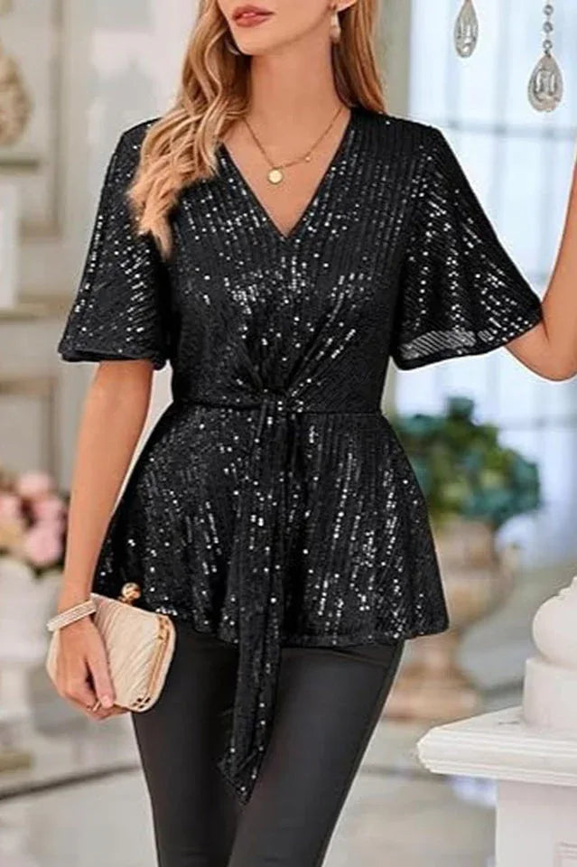Black sequined V-neck top with flutter sleeves and tie-front detail