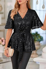Black sequined V-neck top with flutter sleeves and tie-front detail