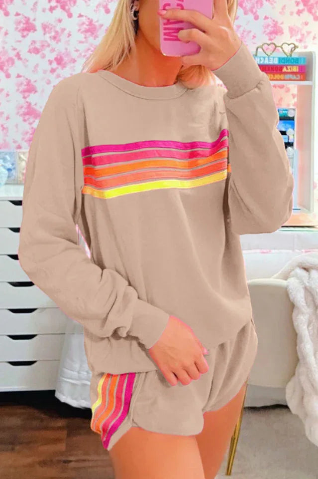 Pink Wave of Hope Retro Rainbow Sweatshirt & Shorts Lounge Set - View 8 | TEVQA
