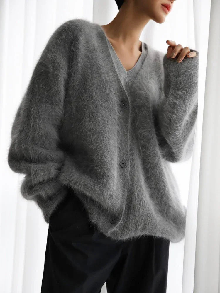Faux Mink V-Neck Cardigan - View 11 | TEVQA