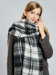 Women's Extra-Long Plaid Scarf Black & White Tartan Faux Mohair Wrap