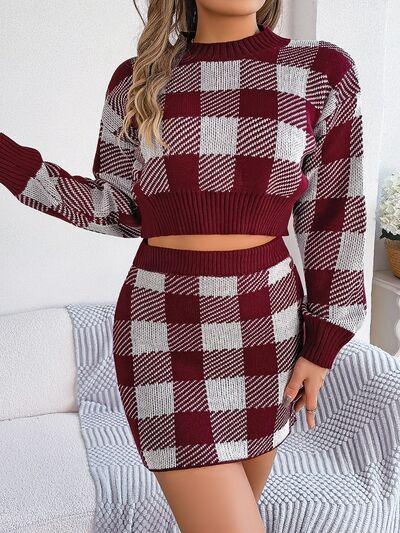 Baby Blue Plaid Knit Two Piece Set - View 7 | TEVQA