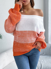 Monochrome Muse Off-Shoulder Color Block Knit Sweater