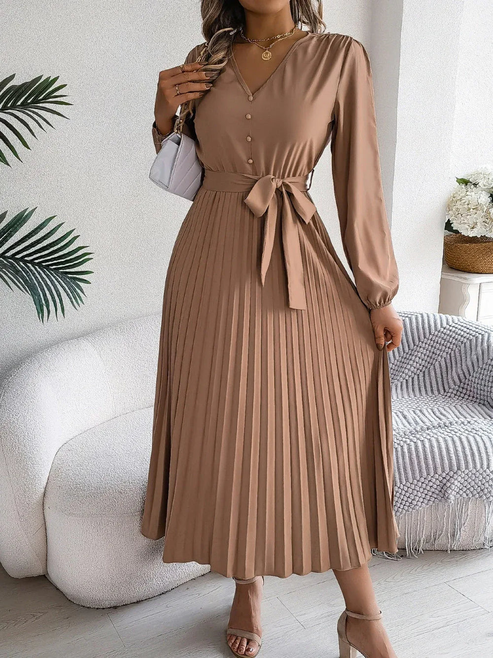 Vintage Khaki V-Neck Pleated Maxi Dress - TEVQA