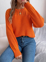 Burgundy Pointelle Knit Lantern Sleeve Sweater - View 8 | TEVQA