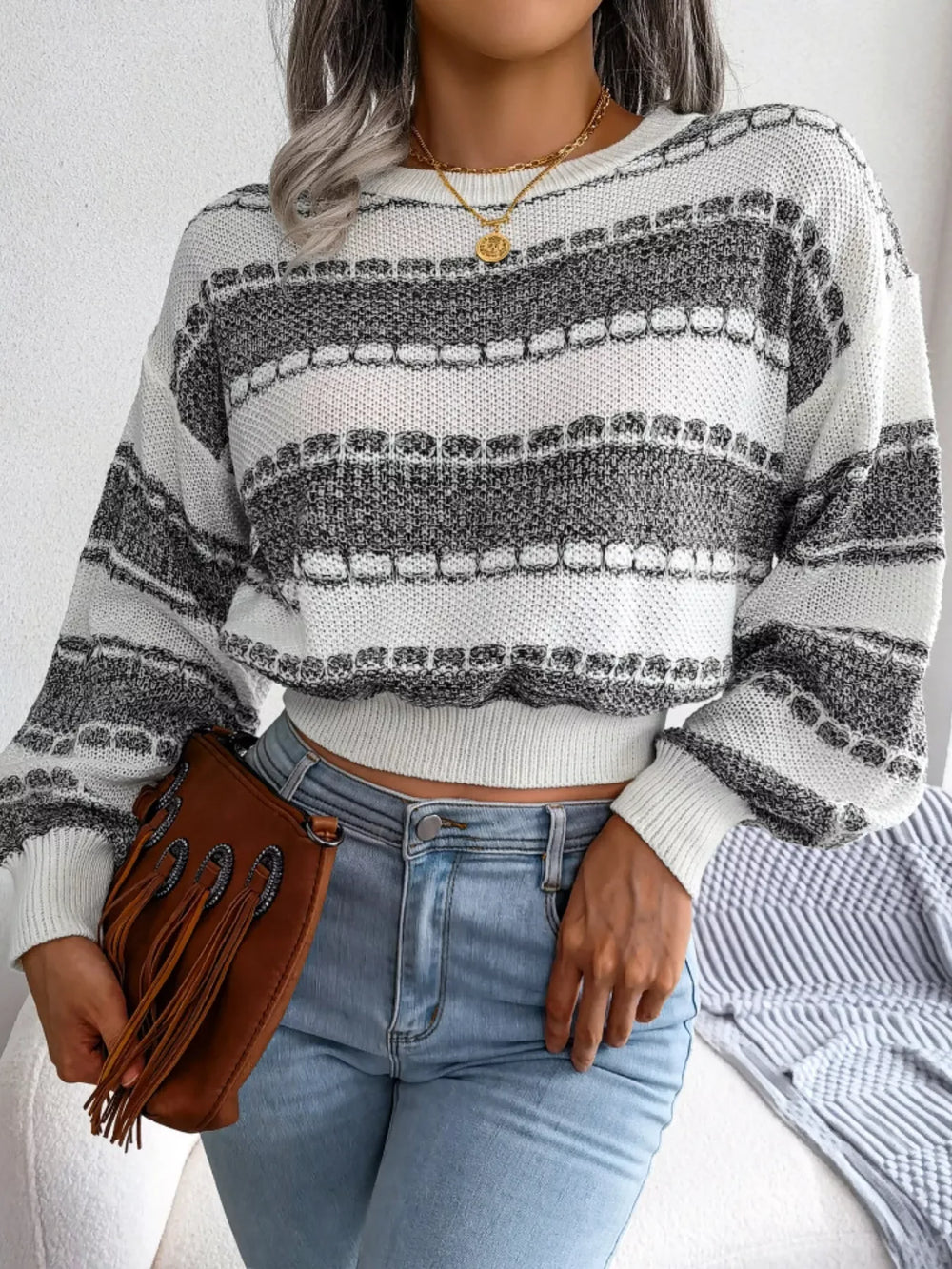 Striped Textured Knit Sweater - View 10 | TEVQA