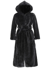 Front view of a long, black faux fur coat with a hood and belt