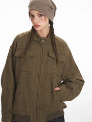 Vintage Herringbone Tweed Zip Jacket - TEVQA