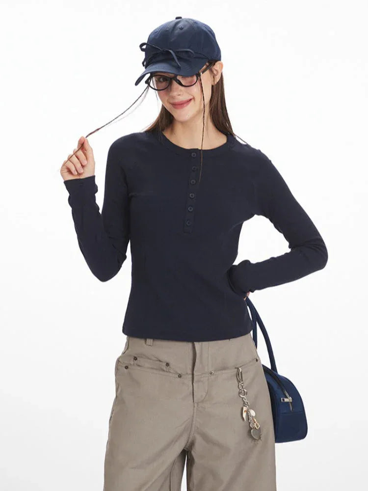 Vintage Grey Ribbed Henley Top - TEVQA
