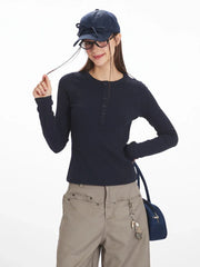 Vintage Grey Ribbed Henley Top - TEVQA