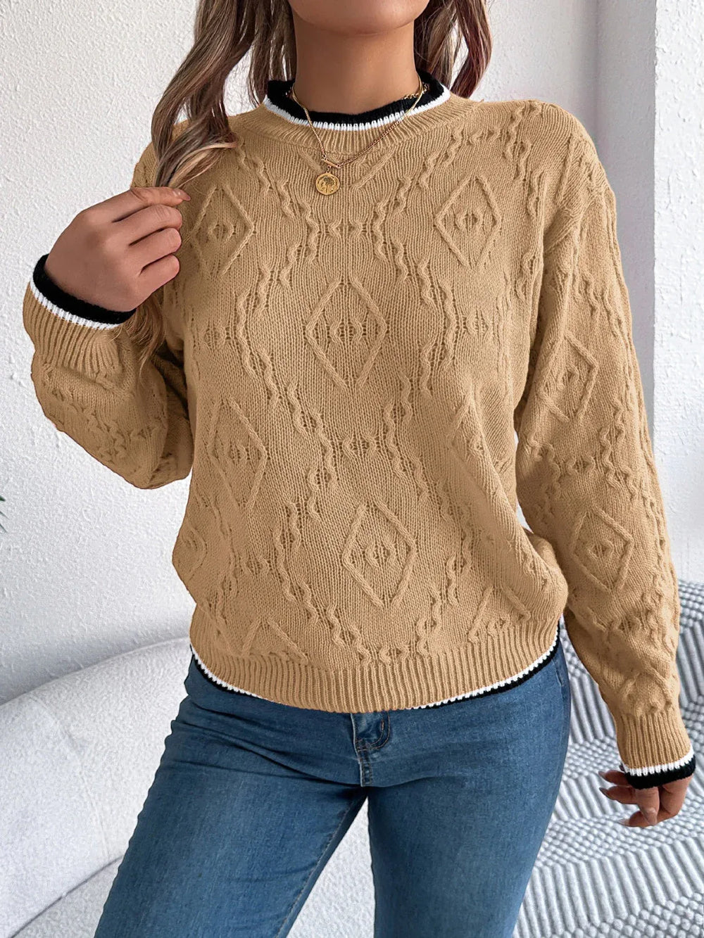 Khaki Textured Knit Sweater - TEVQA