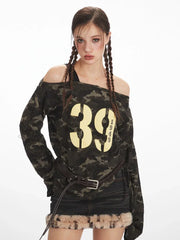 Y2K Grunge Camo Asymmetrical Long Sleeve Top - TEVQA